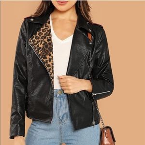 BCBGMaxAzria Black Faux Leather Moto Jacket with Leopard Lining